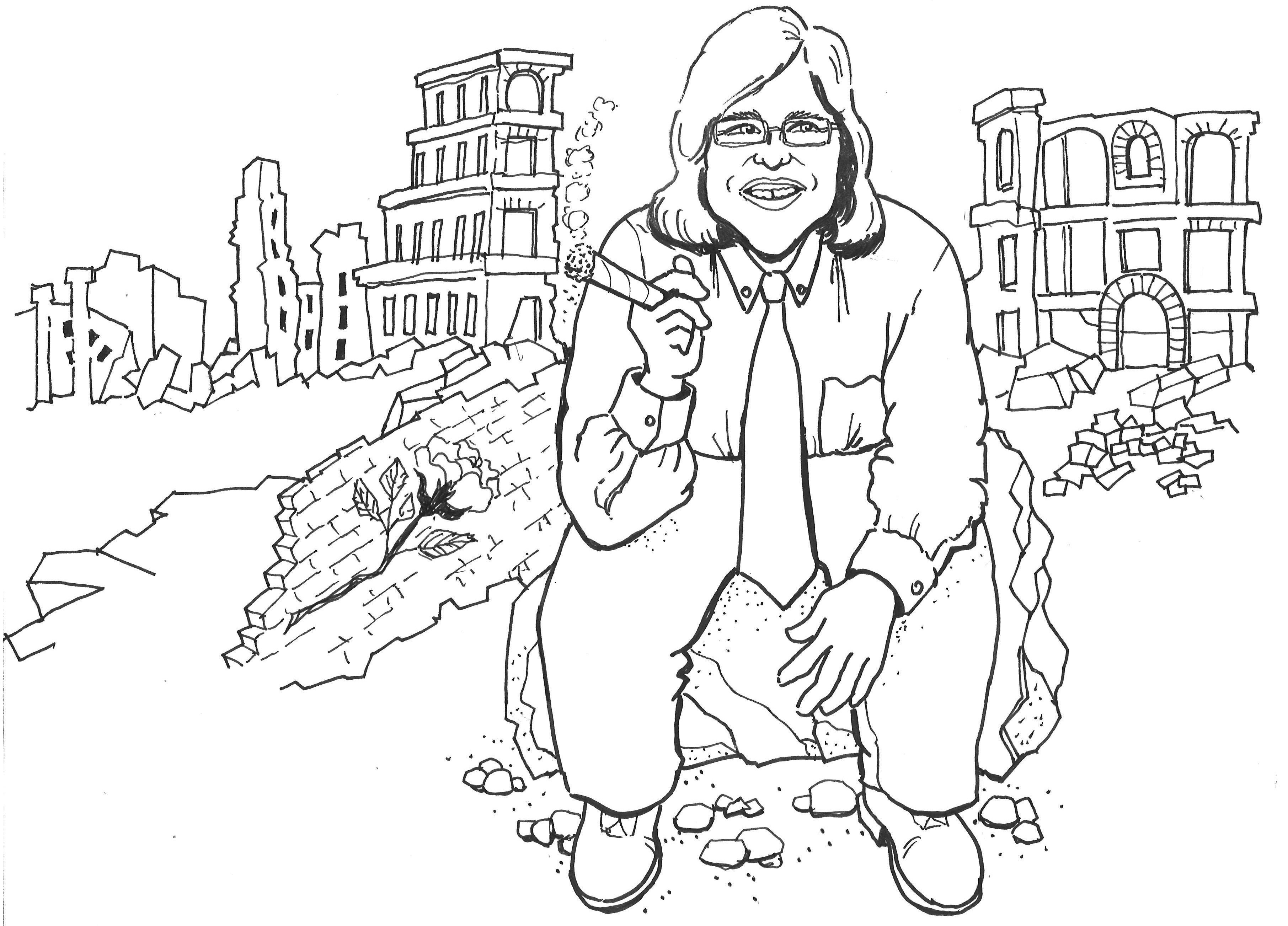 caricature of me sitting on a pile of rubble, smoking a cigar